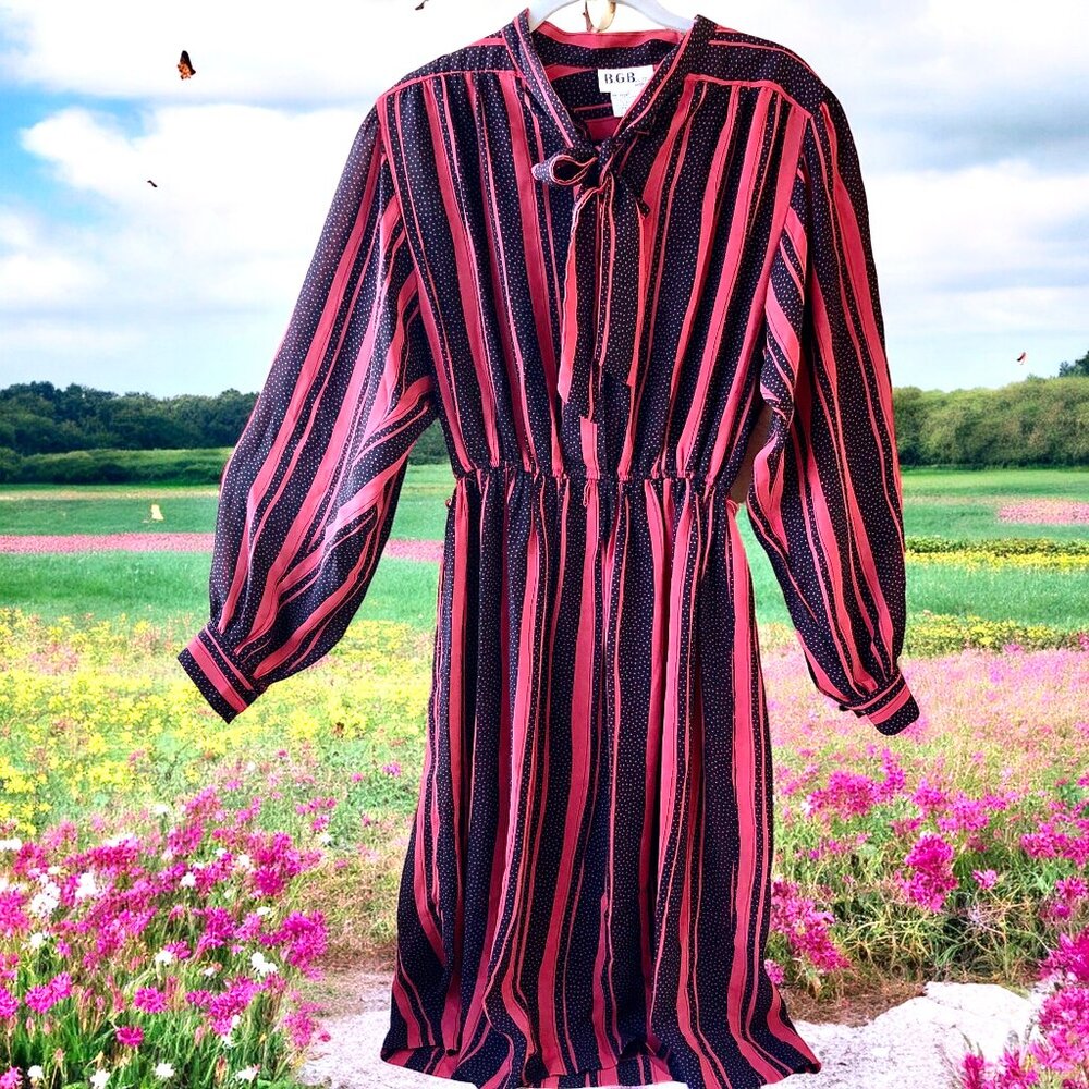 Vtg 80s B.G.B. LTD Secretary Dress Black Red Stripe Bow Neck Blouson Midi 8 P